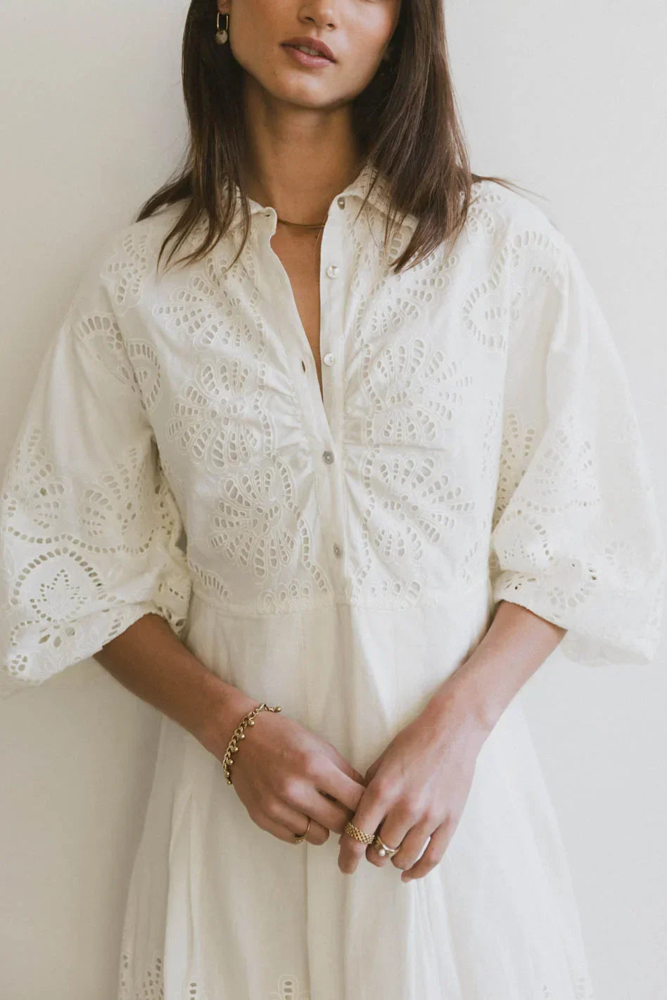 Eleanor Eyelet Lace Midi Dress in Cream FINAL SALE