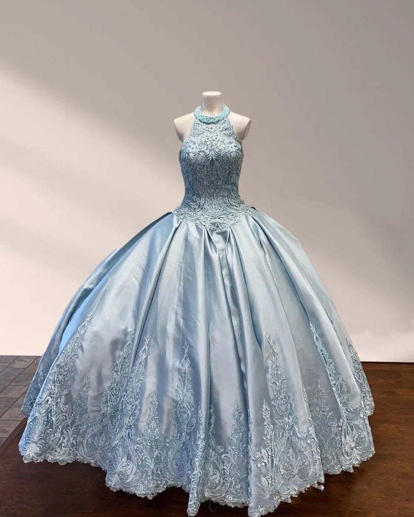Halter Beaded Sky Blue Satin Ball Gown Quinceañera Dress
