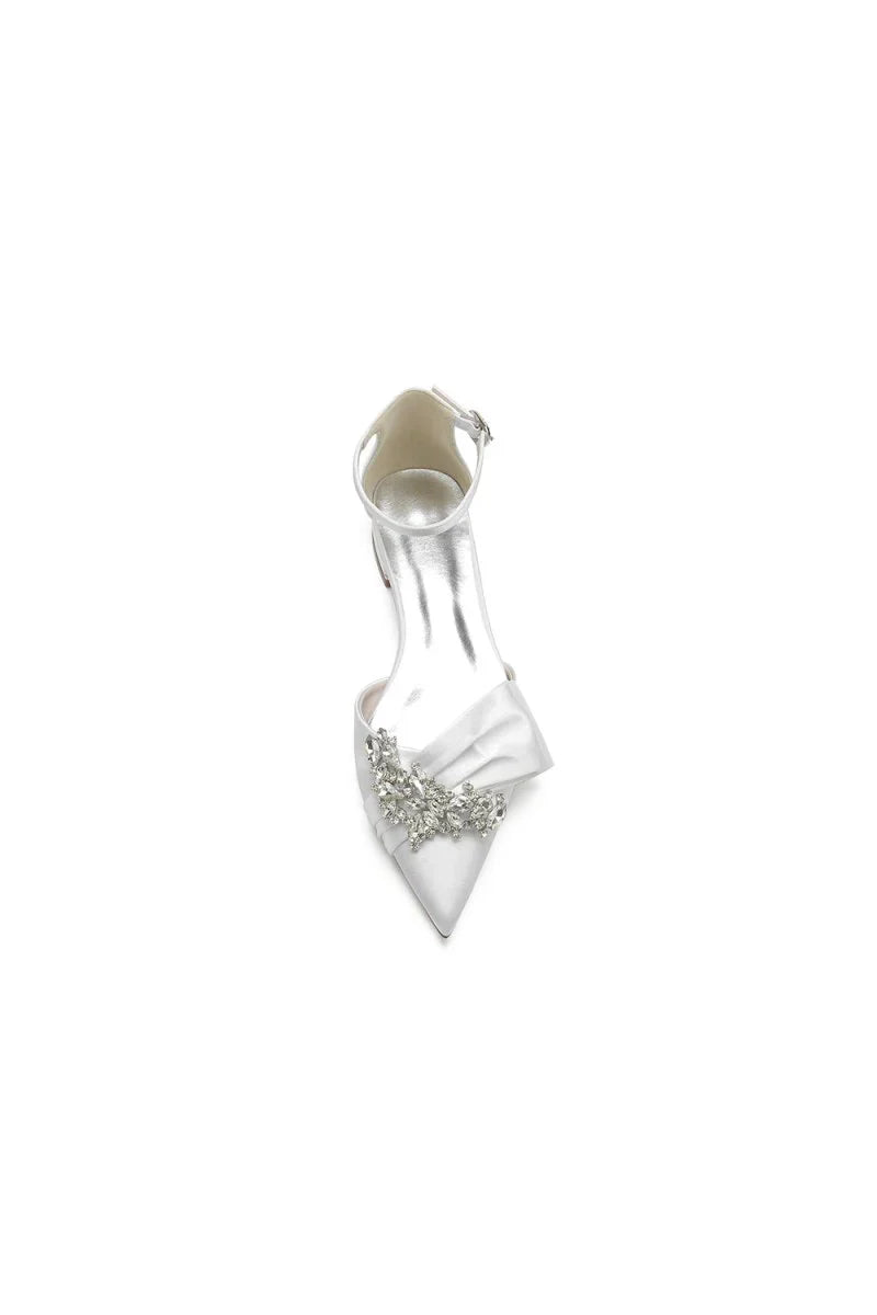 Satin Beaded Pointed Toe Ankle Strap Buckle Kitten Heels