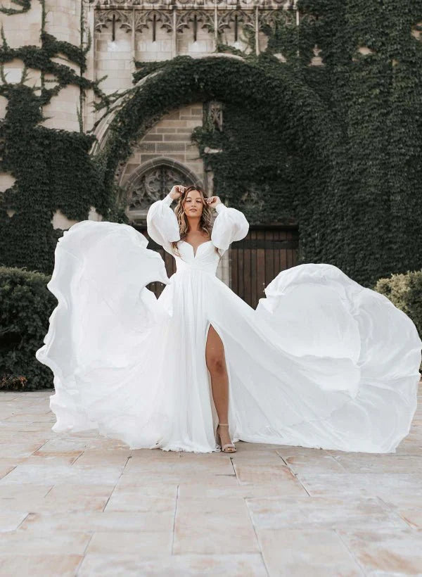 A Line Sweetheart Long Sleeves Chiffon Sweep Train Wedding Dress