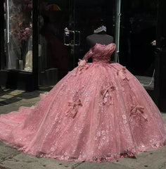 Pink Tulle Ball Gown Off the Shoulder Quinceanera Dresses