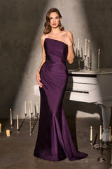 MARCIE GOWN STRETCH SATIN STRAPLESS FITTED DRESS