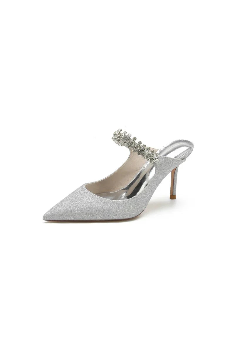 Glitter Pointed Toe Rhinestone Strappy Slip on Stiletto Heels