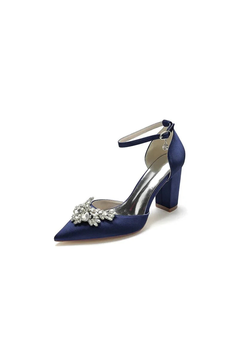 Rhinestone Pointed Toe Ankle Strap Satin Chunky Heel