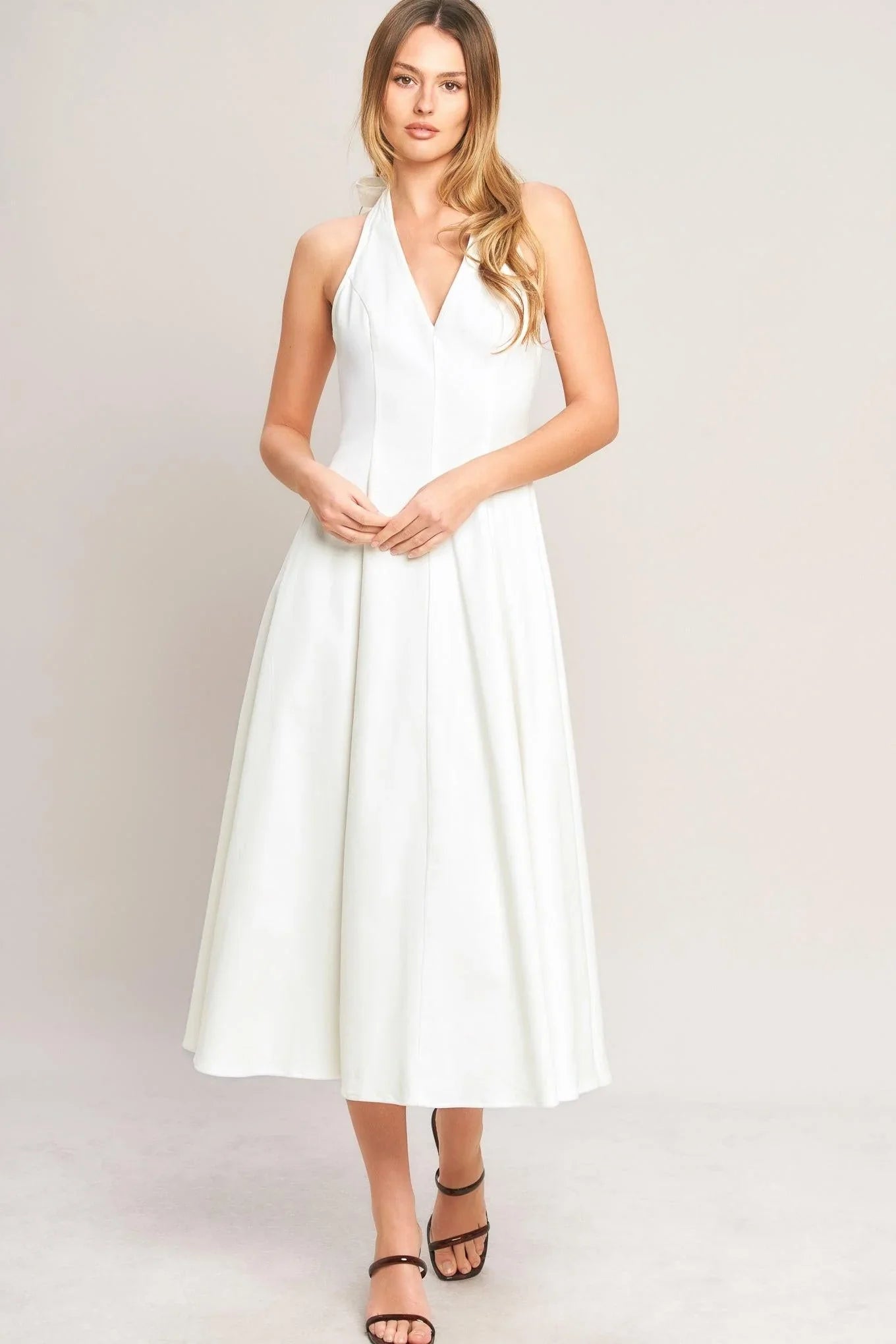 SERENE MOMENT WHITE HALTER MIDI DRESS