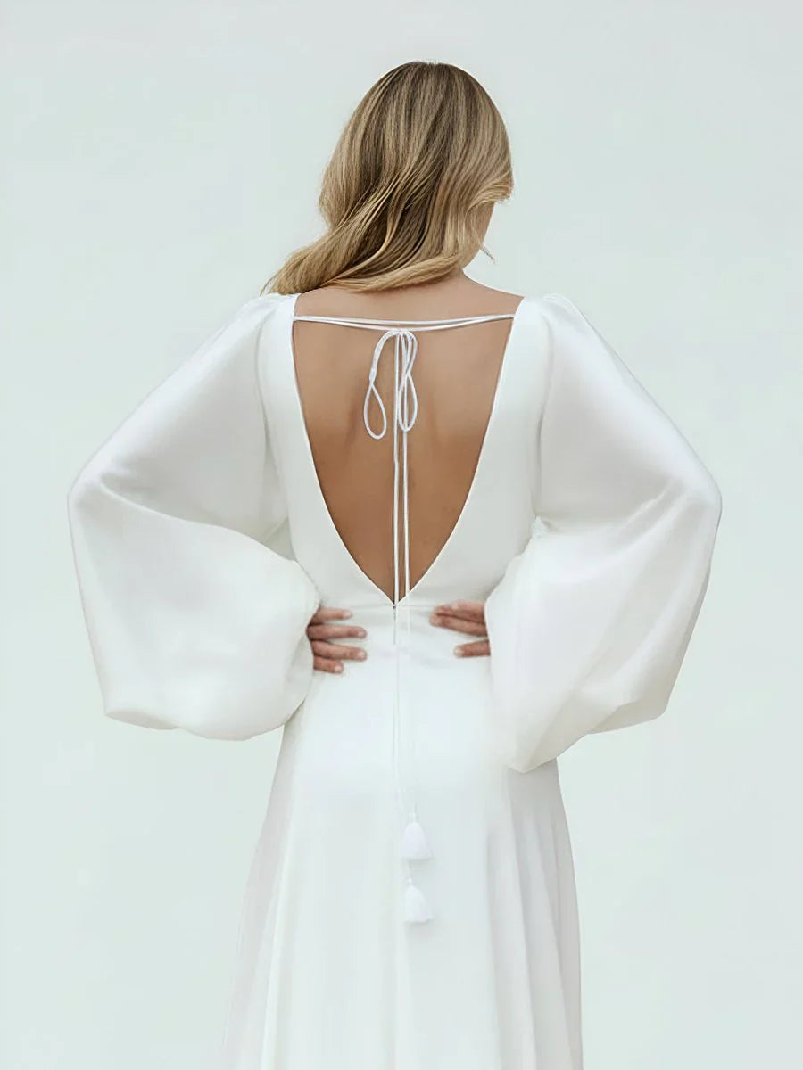 White Satin Simple A Line Long Wedding Dress with Slit