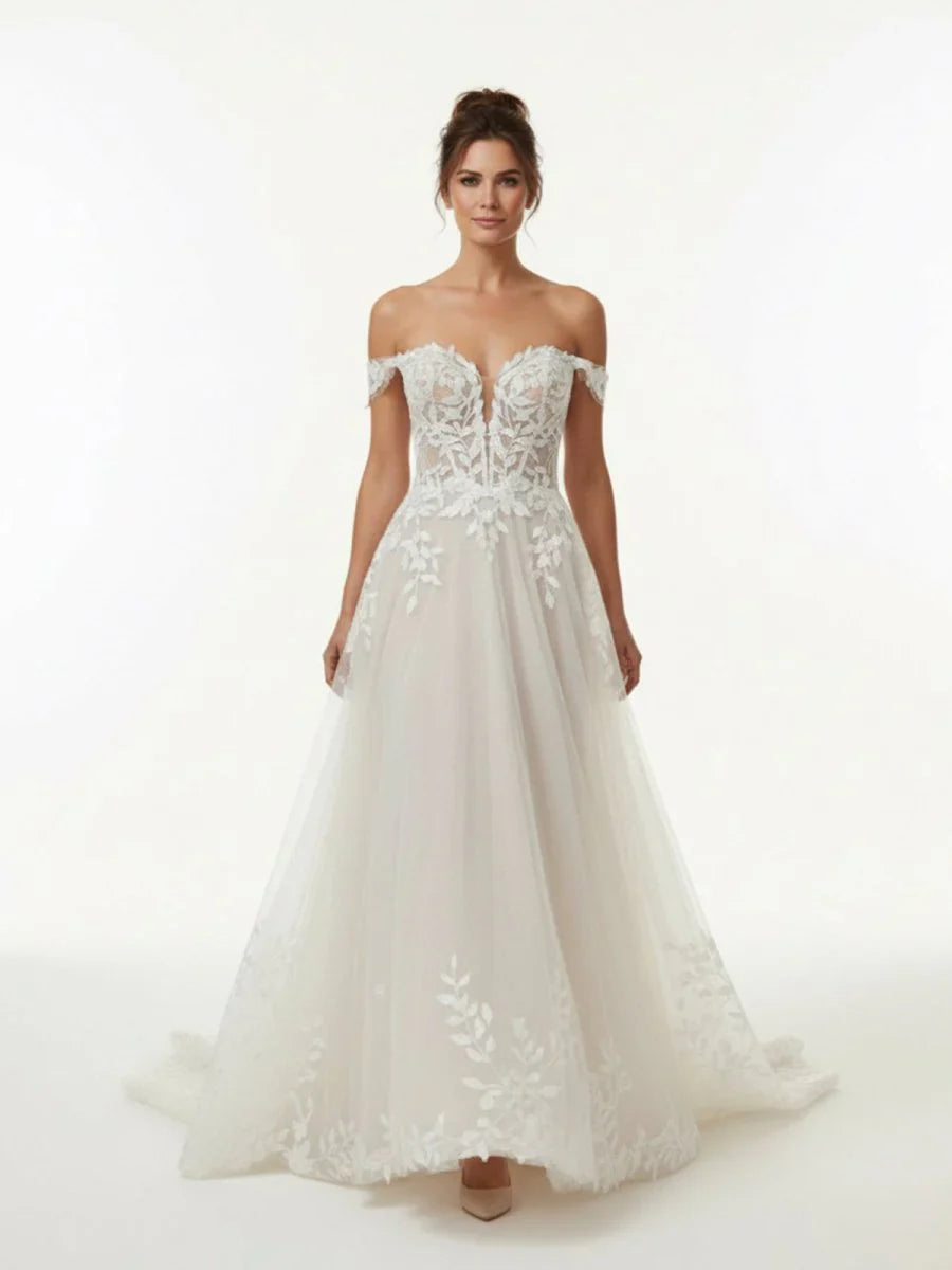 A line Lace Beach Wedding Dress with Off Shoulder Tulle Appliques