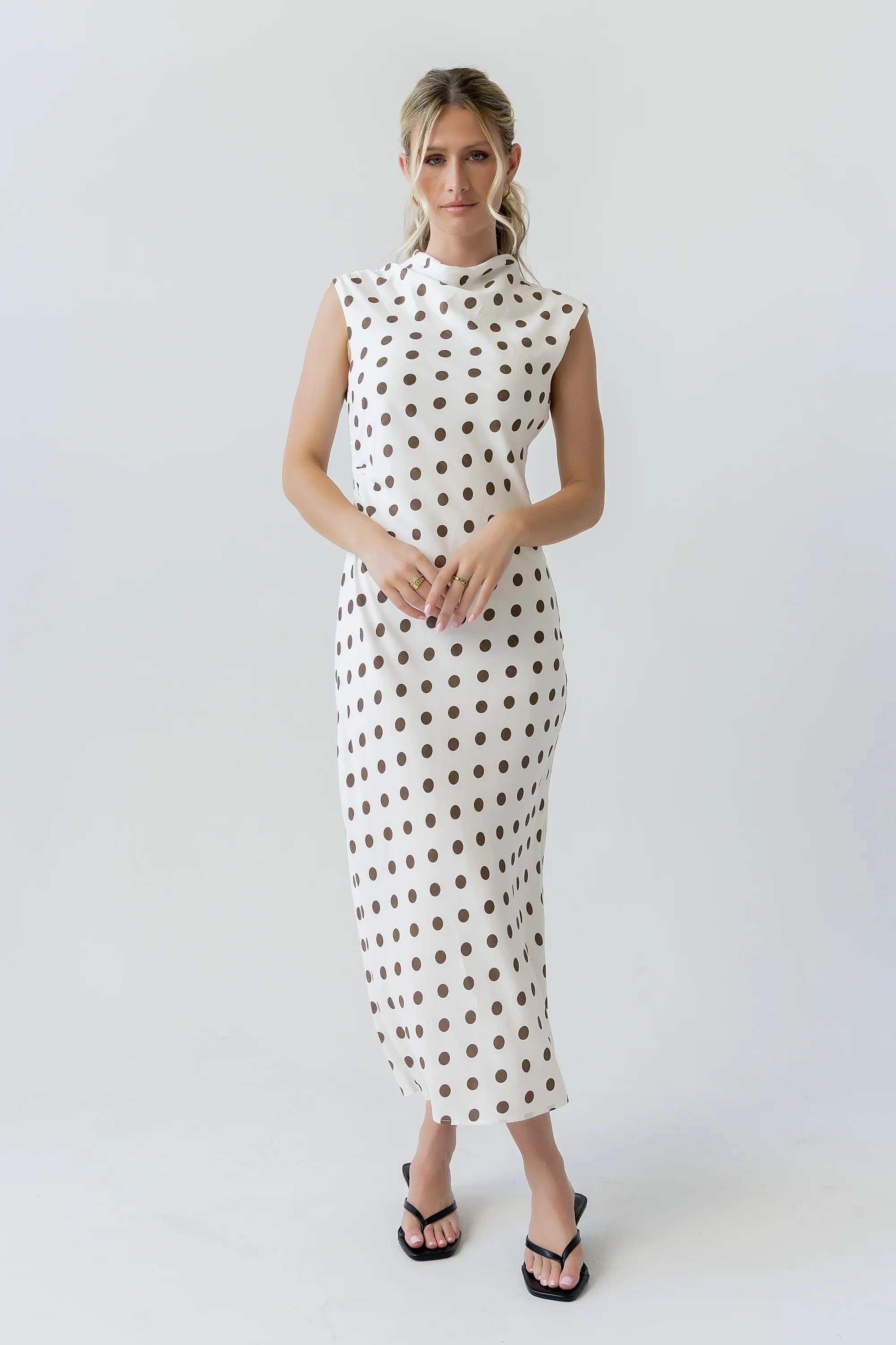 Tiffany Polka Dot Mock Neck Midi Dress