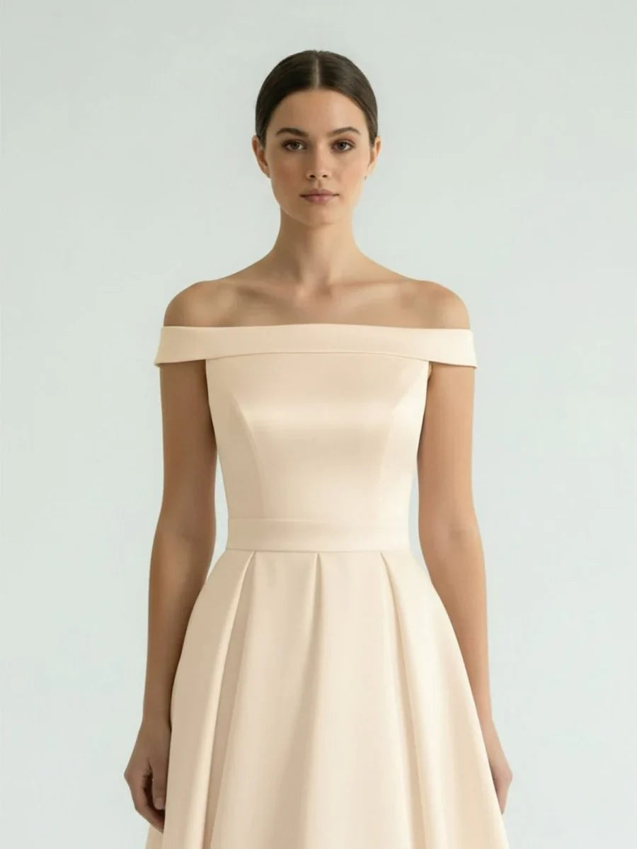 Sleeveless Tea Length Satin Wedding Dress With Sash And Off The Shoulder Neck