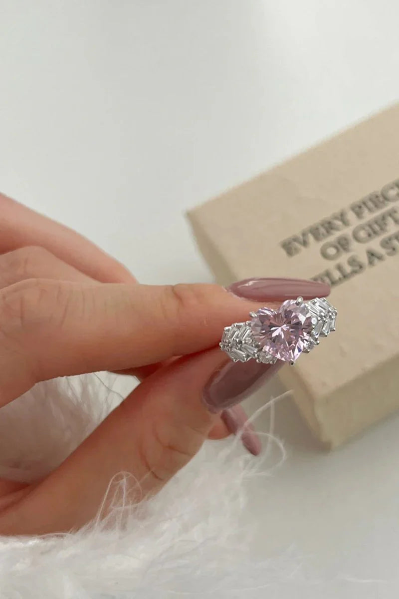 Sterling Silver Pink Heart Zircon Luxury Half Setting Ring