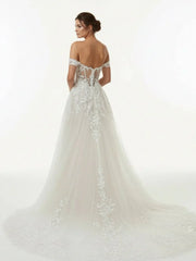 A line Lace Beach Wedding Dress with Off Shoulder Tulle Appliques