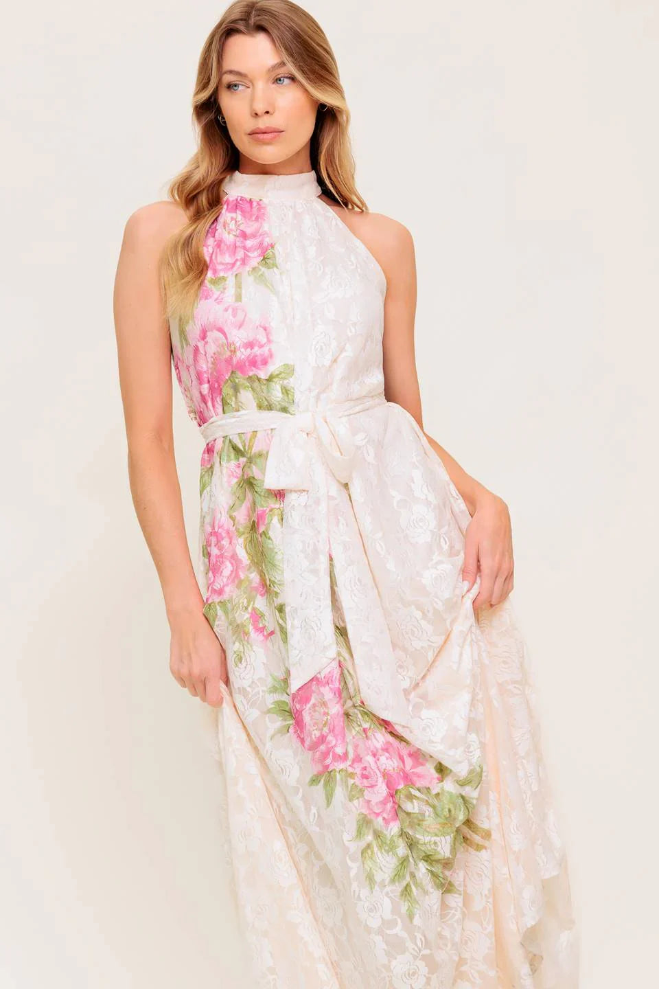 ROSE GARDEN IVORY LACE HALTER MAXI DRESS