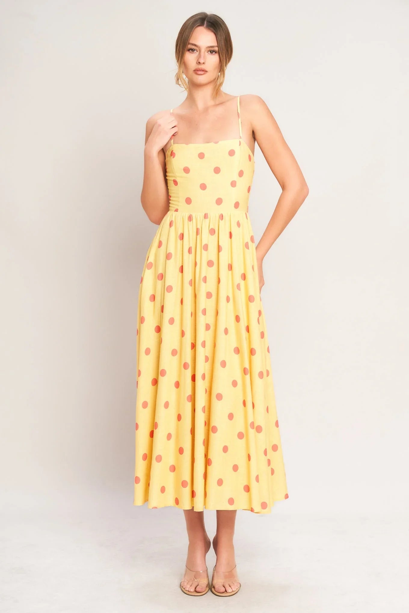 GOLDEN SUMMER POLKA DOT YELLOW MIDI DRESS