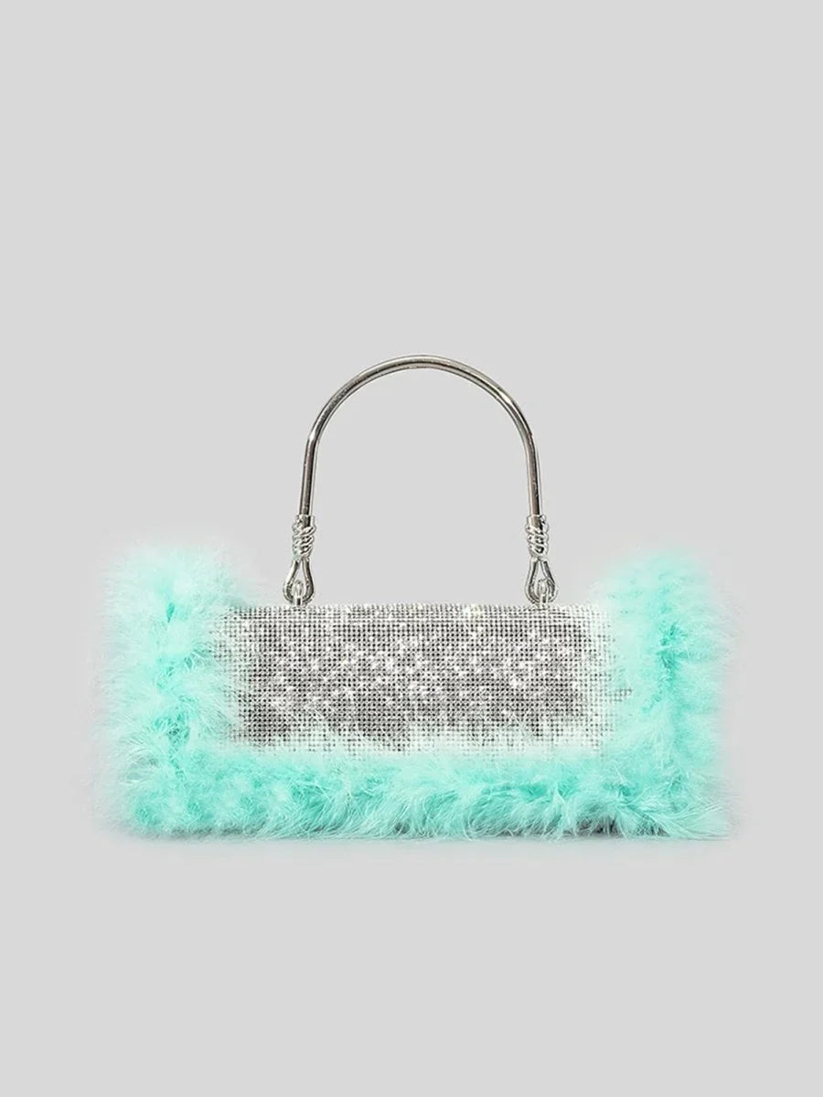 Womens Furry Rhionestones Evening Clutch Bags