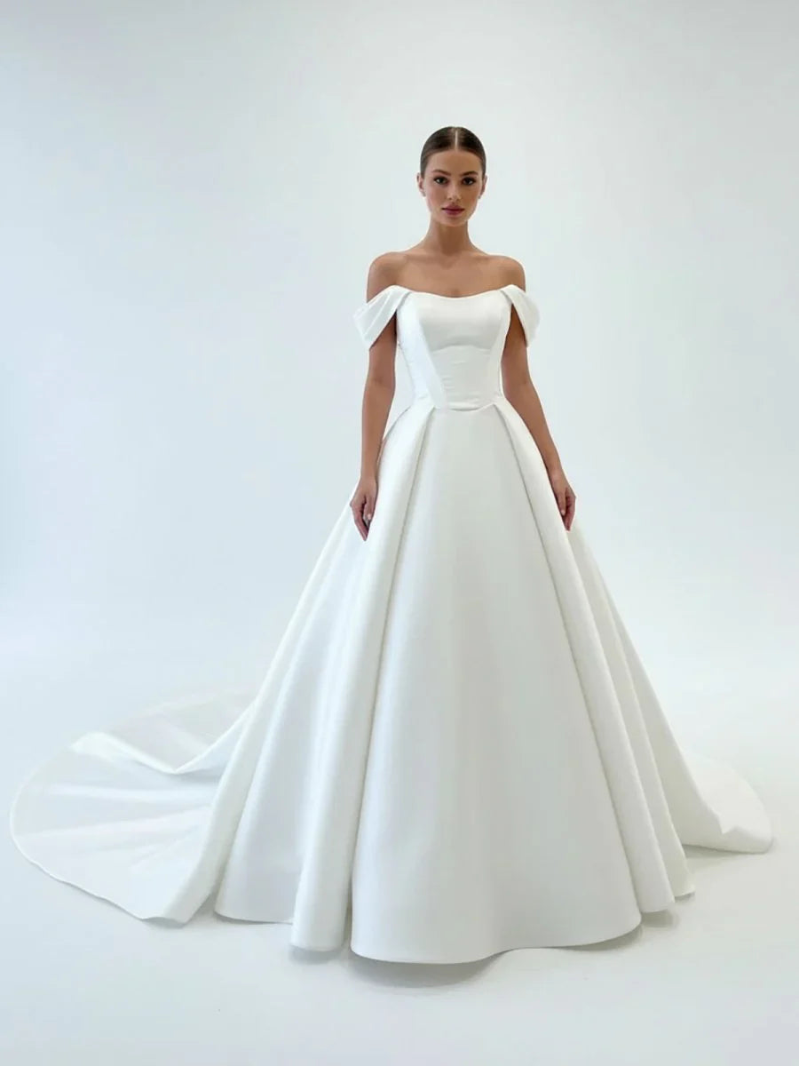Elegant A Line Off the Shoulder White Satin Wedding Dresses