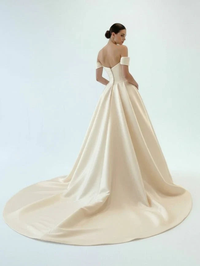 Elegant A Line Off the Shoulder White Satin Wedding Dresses