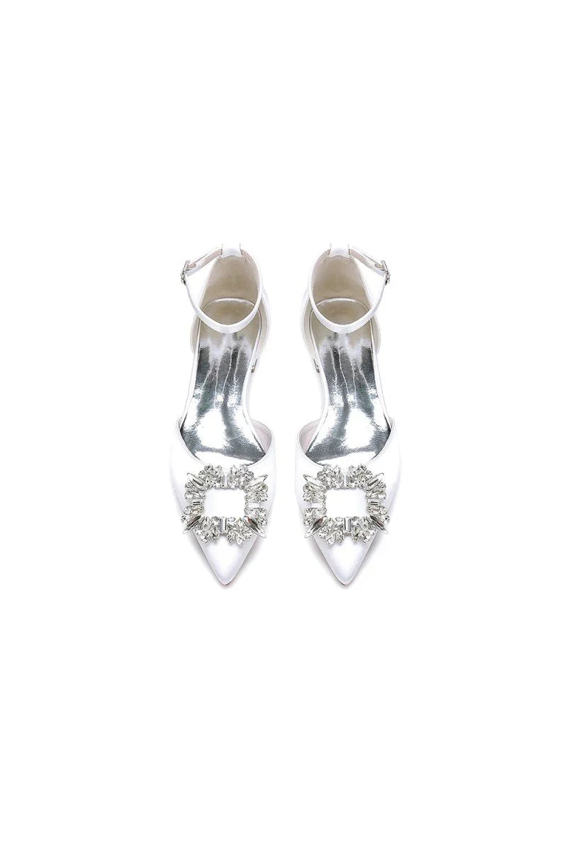 Rhinestone Pointed Toe Ankle Strap Satin Kitten Heels