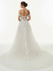 A line Lace Beach Wedding Dress with Off Shoulder Tulle Appliques