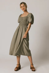 Janie Smocked Midi Dress in Olive FINAL SALE