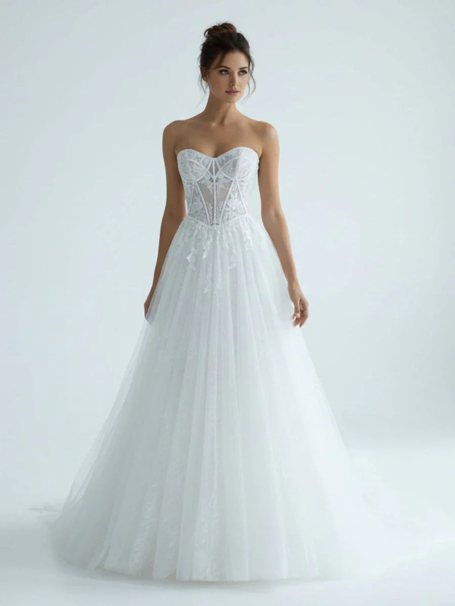 Charming A Line Strapless Tulle Lace Wedding Dresses