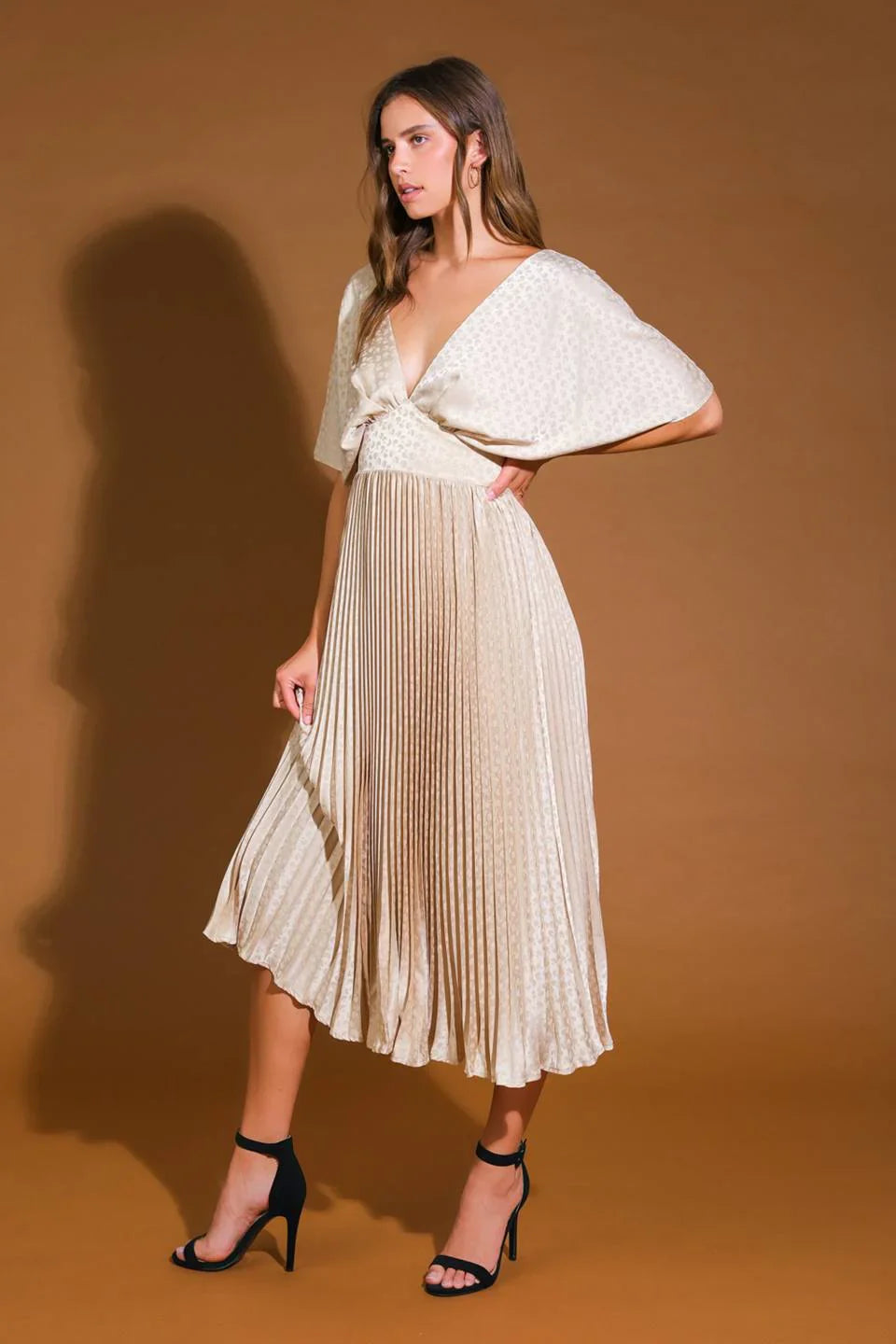 TIMELESS REPEAT PLEATED SATIN MIDI DRESS