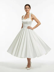 White A Line Halter Sleeveless Tea Length Satin Bridal Gowns With Bows Pleats