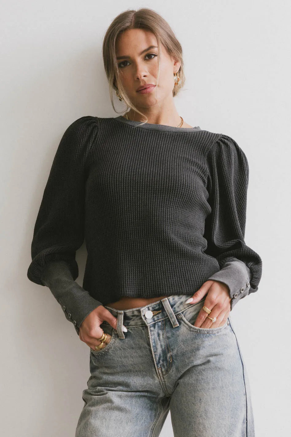 Lettie Waffle Knit Top in Black FINAL SALE