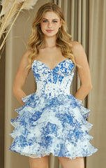 PRISCILLA MINI DRESS FLORAL TIERED STRAPLESS DRESS