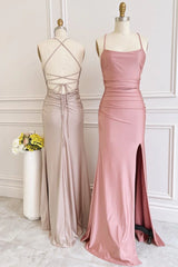 Dusty Pink Satin Lace Up Sheath Long Bridesmaid Dress with Slit