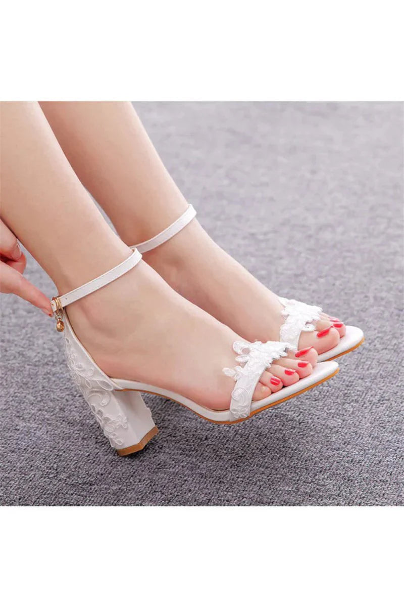 Elegant White Lace Open Toe Ankle strap Block Heels