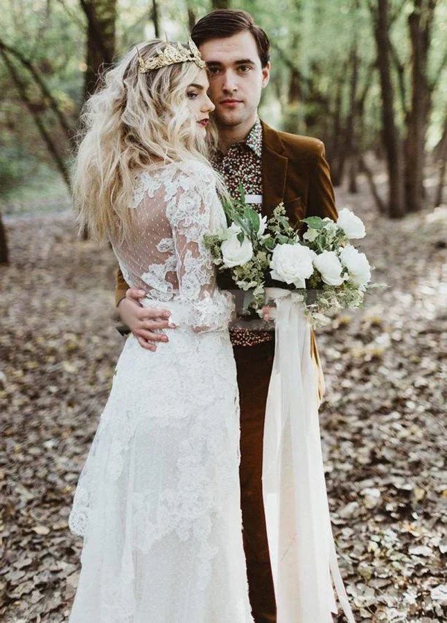 Tulle A Line Lace Appliques 3 4 Sleeve V Neck Romantic Bridal Wedding Gowns