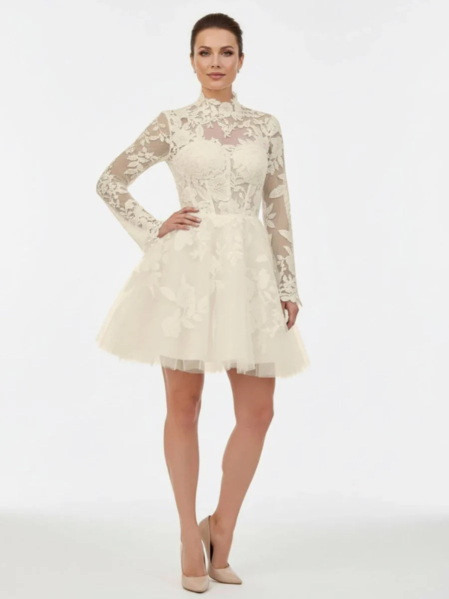 Short White A Line Illusion Neck Long Sleeves Lace Wedding Dresses