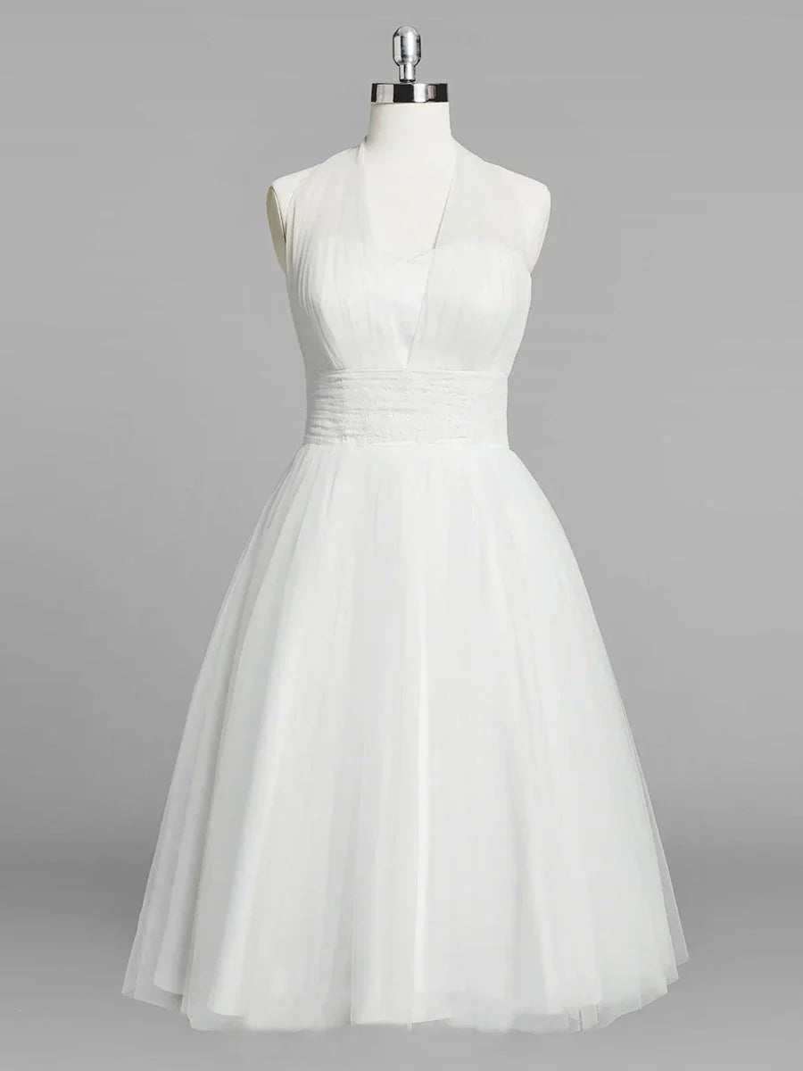 Halter A Line Tea Length Tulle Wedding Dress With Ruching