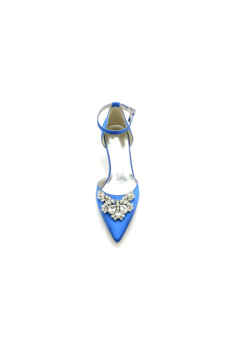 Pointed Toe Satin Kitten Heels With Rhinestone