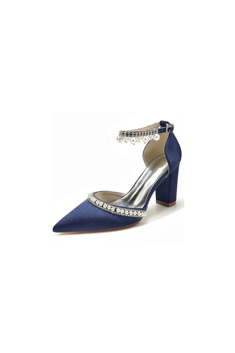 Womens Wedding Shoes Satin Block Heel Pearl Rhinestone Tassel Wedding Shoes