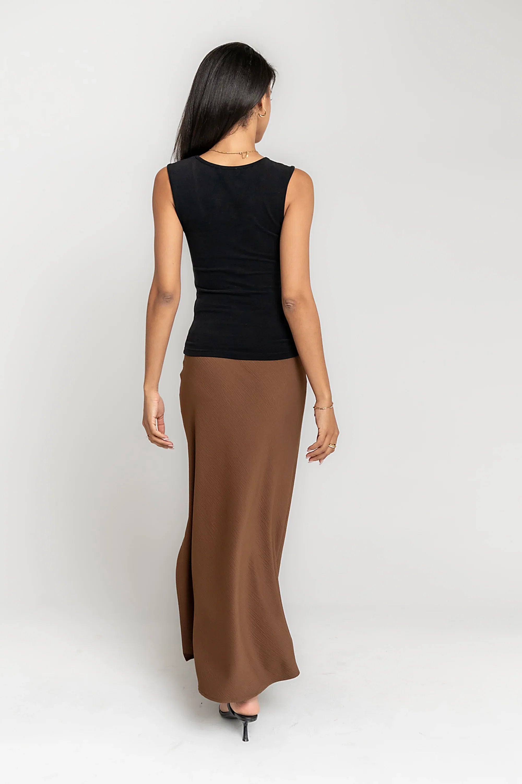 Ashlyn Textured Maxi Skirt in Brown