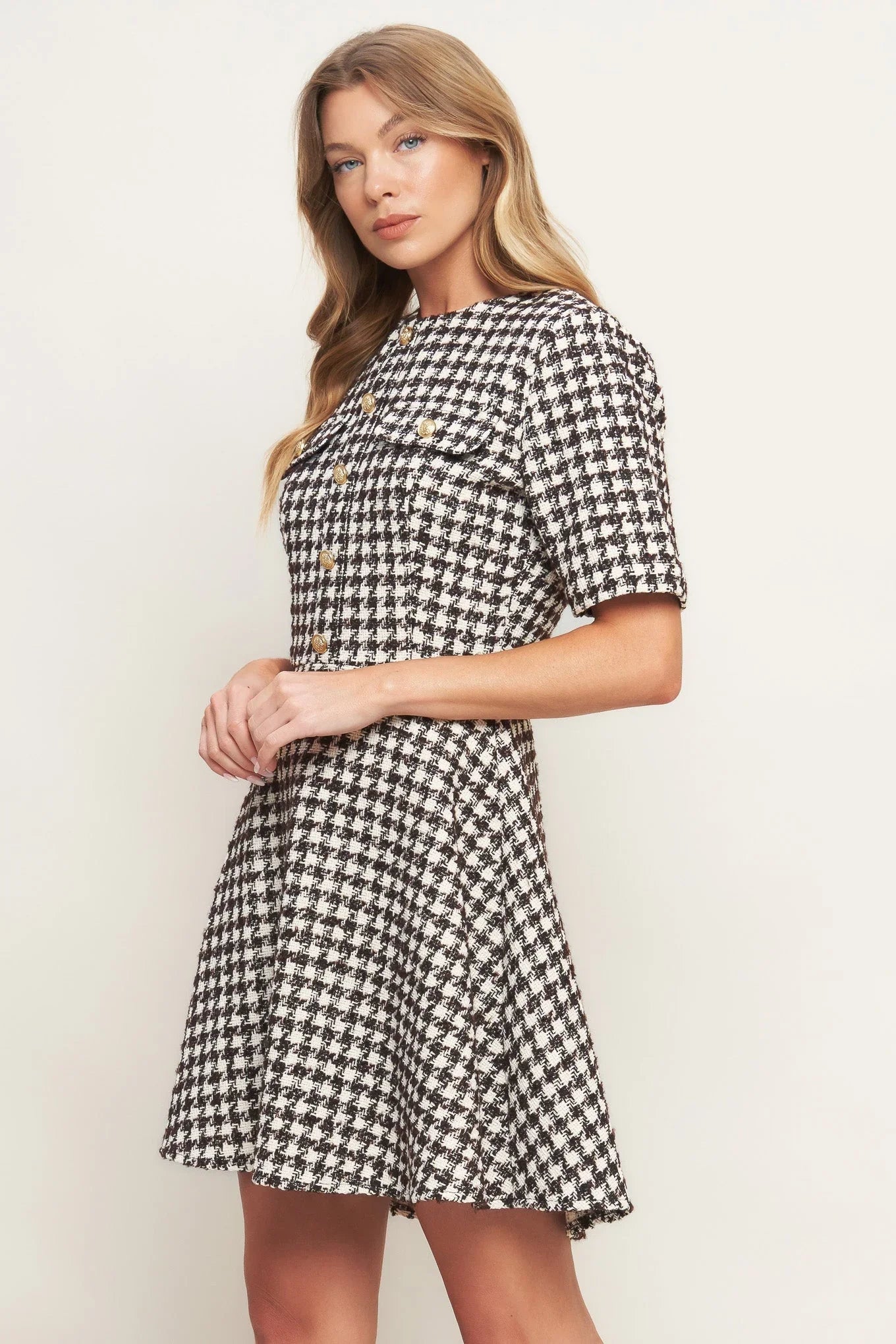 ELEGANT CHECK BROWN TWEED MINI DRESS