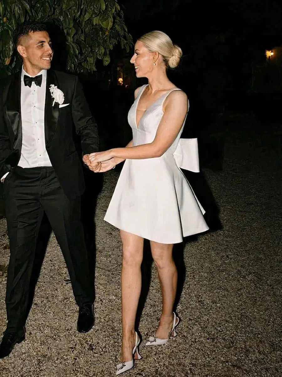 A Line White Satin V Neck Short Wedding Dress with Bow