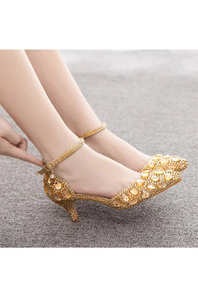 Pointed Toe Crystal Diamond Ankle Strap Kitten Heels