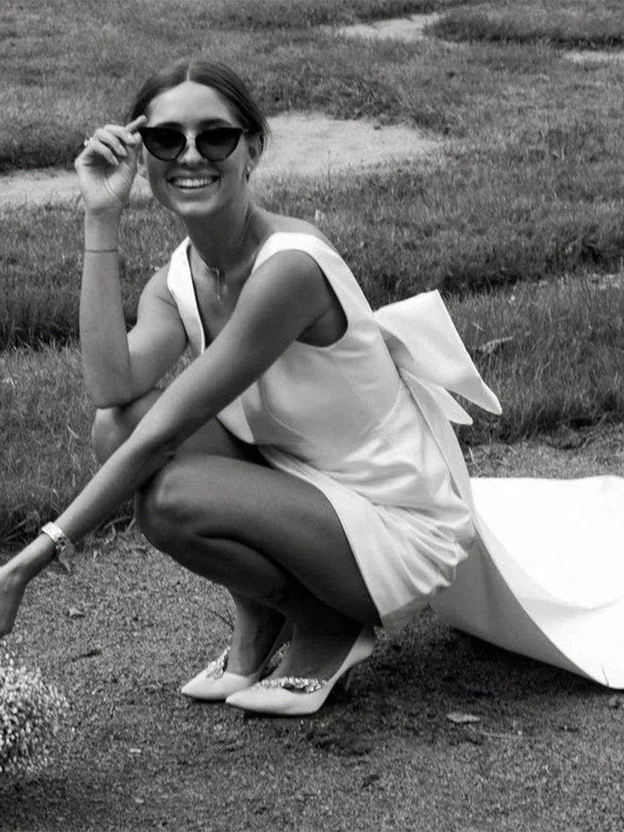 A Line Satin V Neck Short Wedding Dress with Large Bow