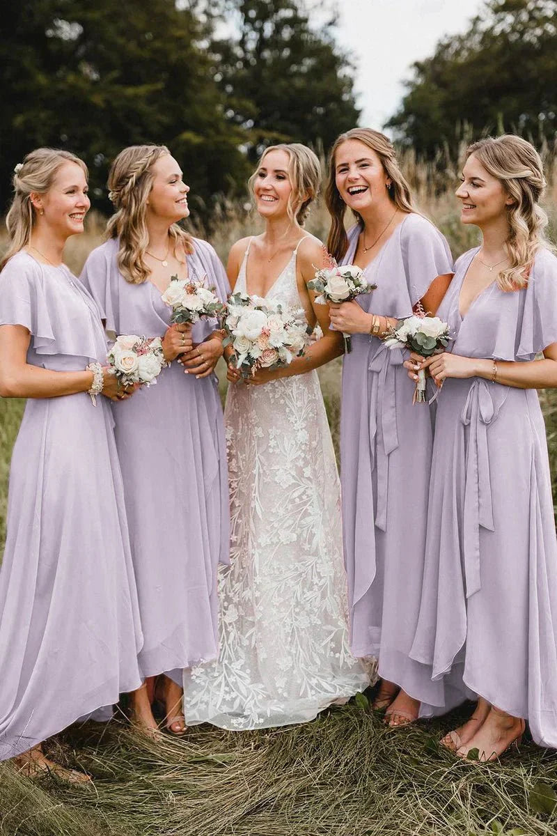 Simple A Line Coral Chiffon Long Bridesmaid Dresses