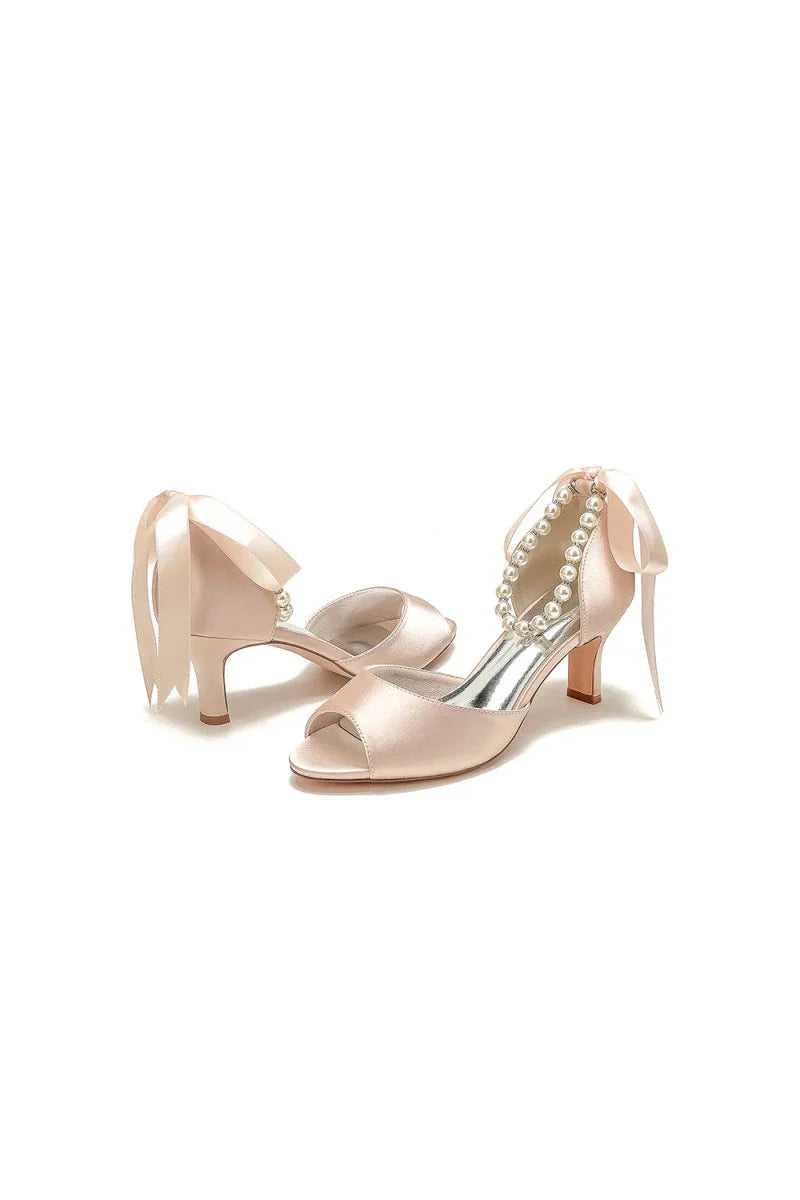 Chic Peep Toe Ribbons Faux Pearl Pumps