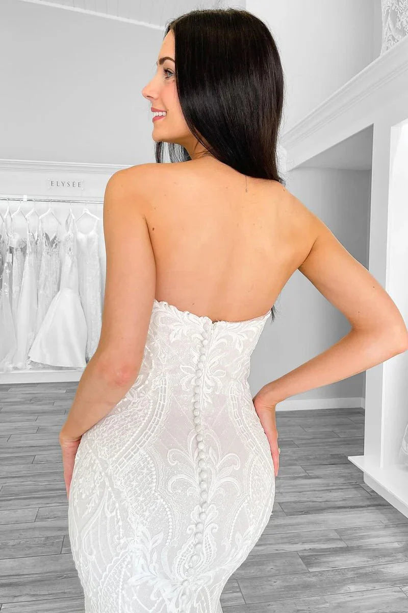 Mermaid Strapless White Lace Wedding Dresses