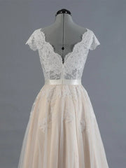 Cap Sleeve V Neck Lace Tulle Wedding Dress With Zipper Back