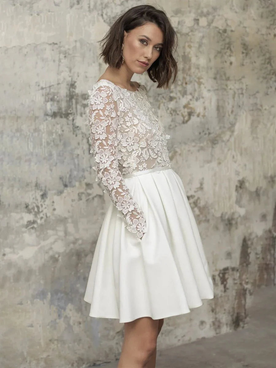 Simple A Line Short Knee length Satin Lace Bateau Long Sleeve Wedding Dress