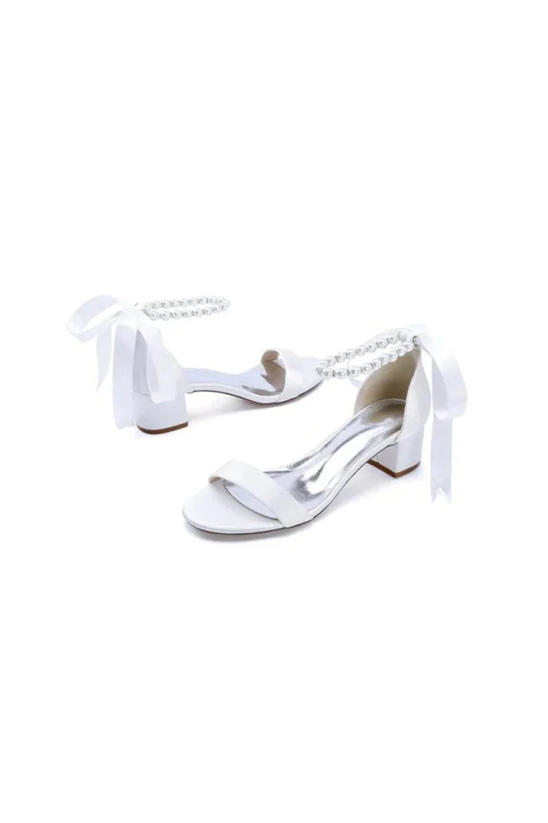 Block Heel Sandal Adorned with Pearl Ankle Band and Ribbon Bow