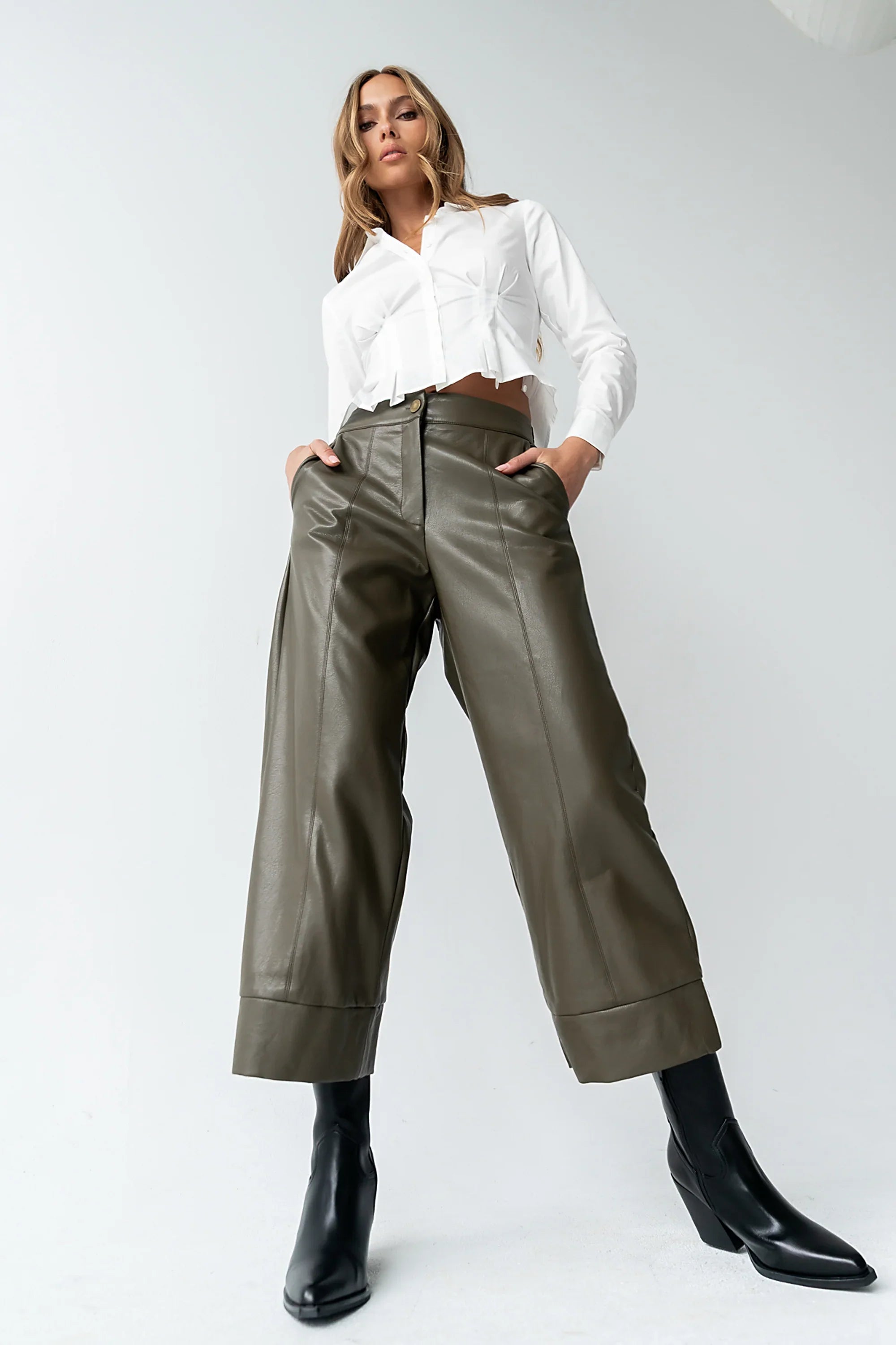 Ulani Vegan Leather Pants in Olive FINAL SALE
