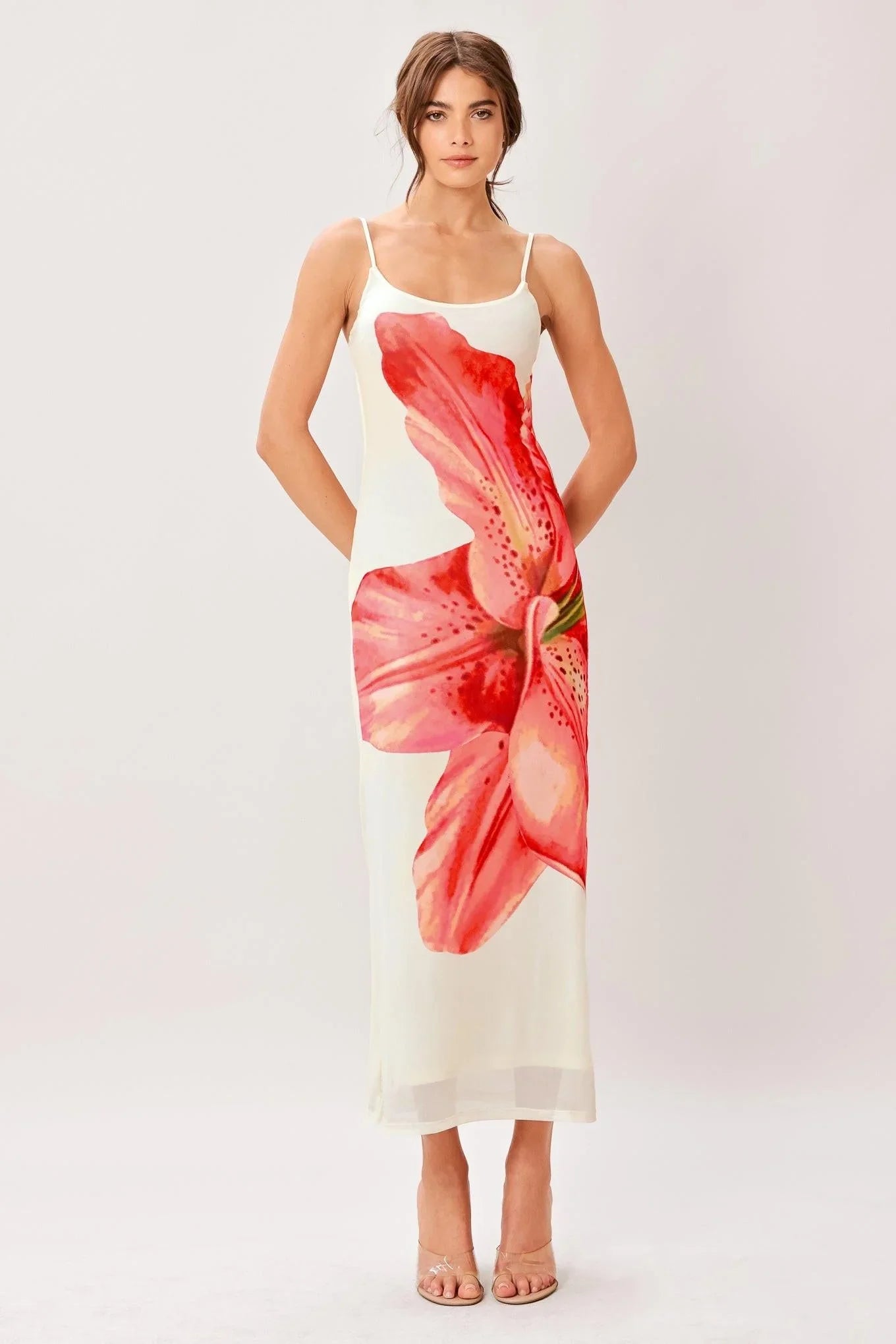 BLOOM STATEMENT POWER MESH CAMI MIDI DRESS