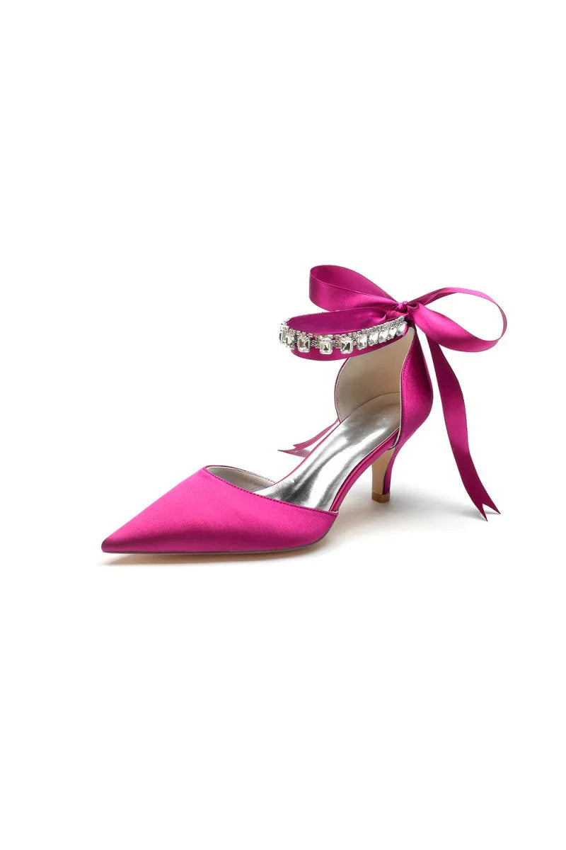 Pointed Toe Ribbons Kitten Heels With Diamond