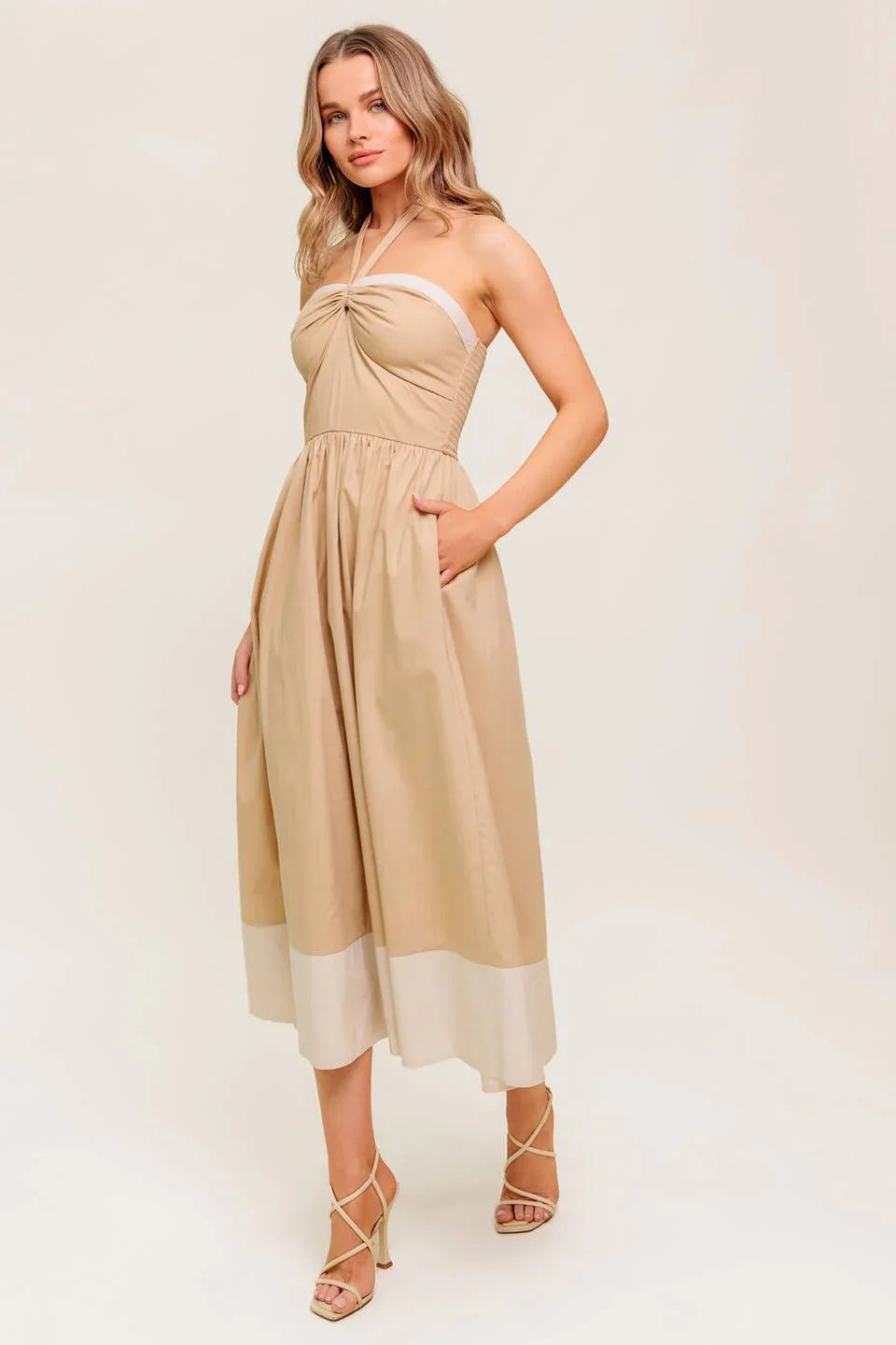 HYDRANGEA HAZE HALTER MIDI DRESS TAUPE